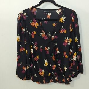 Fortune & Ivy Bella Lace Detailed Surplice Blouse Floral Sheer Women Size Large